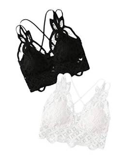 DIDK Damen 2 Stücke BH Set Bauchfrei Tops Sexy Spitze Cami Crop Bralettes Spitzentop Über Kreuz Bustiers 2 Packe BH Set mit Blumen Spitzen Schwarz Weiß M von DIDK