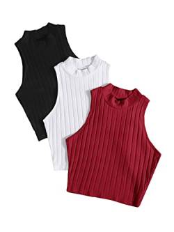 DIDK Damen 3 Stücke Crop Tank Top Bauchfrei Oberteil Basic Camisole Croptop 2-teiller Stricktops Sets mit Stehkragen Schwarz Weiß Bordeaux S von DIDK