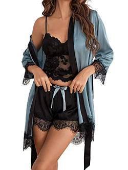 DIDK Damen 3 Stücke Sets Morgenmantel Kimono Dessous Set Satin 3-teiliges Set Spitze Robe BH und Unterhose für Braut Nachtwäsche Sexy Babydoll Reizwäsche Blau L von DIDK