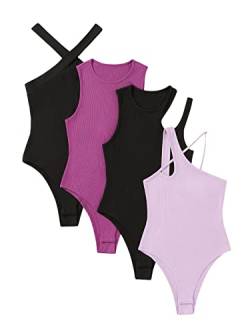 DIDK Damen 4 Stücke Bodysuits Ärmellos Body Rippenstrick Bodies Casual Tops Schwarz und Violett S von DIDK