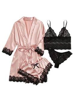 DIDK Damen 4 Stücke Sets Morgenmantel Kimono Dessous Set Satin Pajama Spitze Robe BH und Unterhose für Braut Nachtwäsche Sexy Babydoll Reizwäsche Baby Rosa Schwarz S von DIDK