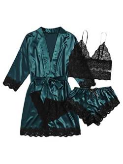 DIDK Damen 4 Stücke Sets Morgenmantel Kimono Dessous Set Satin Pajama Spitze Robe BH und Unterhose für Braut Nachtwäsche Sexy Babydoll Reizwäsche Dunkelgrün XL von DIDK