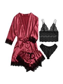 DIDK Damen 4 Stücke Sets Morgenmantel Kimono Dessous Set Satin Pajama Spitze Robe BH und Unterhose für Braut Nachtwäsche Sexy Babydoll Reizwäsche Rot Schwarz XL von DIDK