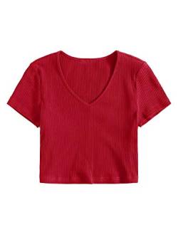 DIDK Damen Bauchfrei Crop T-Shirt V-Neck Oberteile Crop Top Kurzarmshirts Sommershirts Baumwolle Kurzarm Tops Shirts Rot XS von DIDK