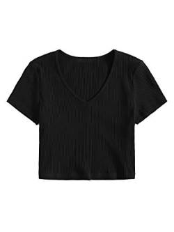 DIDK Damen Bauchfrei Crop T-Shirt V-Neck Oberteile Crop Top Kurzarmshirts Sommershirts Baumwolle Kurzarm Tops Shirts Schwarz XL von DIDK