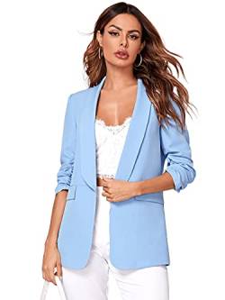 DIDK Damen Blazer Elegant 3/4 Arm Cardigan Open Front Casual Schalkragen Herbst Jacke Gerüscht Büro Blazers Baby Blau L von DIDK