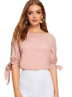 DIDK Damen Bluse Elegant Oberteil Top mit Perlen und Knoten Tunika Tops Rundhals Shirts Rosa M von DIDK