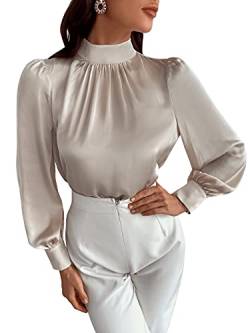 DIDK Damen Bluse Satin Top Langarmshirt Stehkragen Oberteil Tunika Büro Shirts Beige S von DIDK