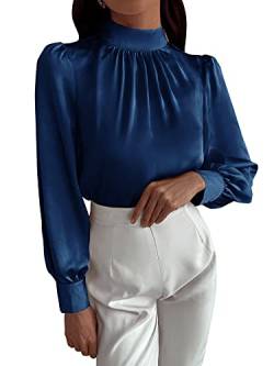 DIDK Damen Bluse Satin Top Langarmshirt Stehkragen Oberteil Tunika Büro Shirts Marineblau L von DIDK