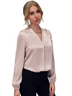 DIDK Damen Blusen Langarm Oberteil Satin Top mit V Ausschnitt Bluse Tunika Oberteile Laternenärmeln Baby Pink XL von DIDK