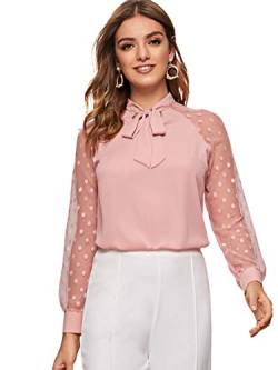 DIDK Damen Blusen Stehkragen Chiffonbluse Oberteil Tunika Netz Ärmel mit Schleife Langarm Bluse Shirts Elegant Tops Basic Hemd Pink L von DIDK