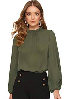 DIDK Damen Blusen Stehkragen Chiffonbluse Oberteil mit Laternen Ärmel Elegant Langarmshirt Langarm Hemd Einfarbig Tops Pullover Armeegrün L von DIDK