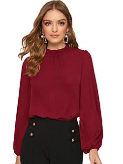 DIDK Damen Blusen Stehkragen Chiffonbluse Oberteil mit Laternen Ärmel Elegant Langarmshirt Langarm Hemd Einfarbig Tops Pullover Bordeaux L von DIDK