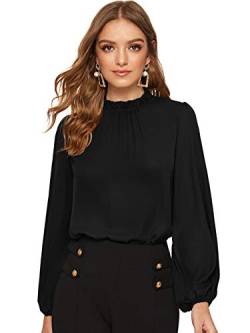 DIDK Damen Blusen Stehkragen Chiffonbluse Oberteil mit Laternen Ärmel Elegant Langarmshirt Langarm Hemd Einfarbig Tops Pullover Schwarz XL von DIDK