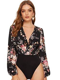 DIDK Damen Body V-Ausschnitt mit Floral/Dot Muster Langarm Blusebody Frühling Herbst Bodies Floral L von DIDK