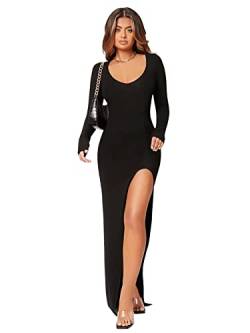 DIDK Damen Bodycon Freizeitkleid Elegant Langarm Maxikleid V-Ausschnitt Figurbetont Partykleid mit Schlitz Schwarz S von DIDK