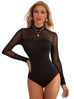 DIDK Damen Bodysuit Stehkragen Einfarbig Elegant Bodies Body Bodysuits Durchsichtiges Netz Langarm T-Shirt Casual Schwarz#12 M von DIDK