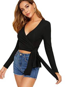 DIDK Damen Crop Shirt Wickel Tops Langarm Oberteil Strick Langarmshirts Wickelshirts mit Band V Ausschnitt Casual Pullover Schwarz M von DIDK