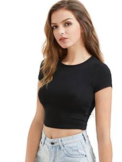 DIDK Damen Crop Tops Kurzarm T-Shirts Slim Fit Rundhals Shirt Sommershirts Oberteile Sport Tee Einfarbig Casual Kurz Top Bauchfrei Schwarz M von DIDK