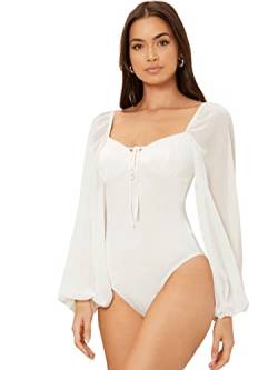 DIDK Damen Elegant Bodysuit Mesh Laternenärmeln Bodys Einfarbig Oberteil Herzausschnitt Langarm Bodies Weiß XL von DIDK