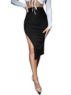 DIDK Damen Elegant Rock Schlitz Midirock Bodycon Sommerrock Vintage Tanzrock Party Röcke Hoch Taille mit Raffung Schwarz L von DIDK