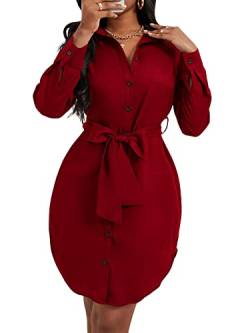 DIDK Damen Hemdkleid Elegant Blusenkleid V-Ausschnitt Langarm Herbst Tunika Kleider mit Gürtel Rot L von DIDK
