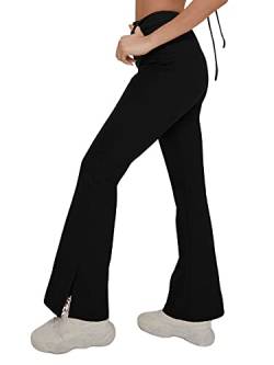 DIDK Damen Hosen Schlaghose mit Schlitz Hohe Taille Breite Beins Palazzo Anzughose Büro Pants Straighthose mit Zip Schwarz L von DIDK