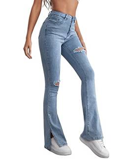 DIDK Damen Jeans Hosen Schlaghose Straight Leg mit Schlitz Riss Hot Pants Denim Casual Jeanshosen mit Reißverschluss Hellblau XS von DIDK