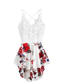 DIDK Damen Jumpsuits Geblümt Einteiler Romper V-Ausschnitt Playsuit Ärmellos Sommer Rückenfrei Overall mit Spitzen Geblümt Weiß S von DIDK