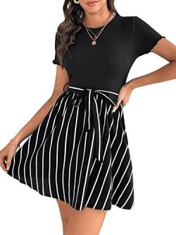 DIDK Damen Kariert 2 In 1 Kleider U-Ausschnitt A Linie Sommerkleid Casual Freizeitkleid mit Plaid und Gürtel Schwarz Weiß S von DIDK