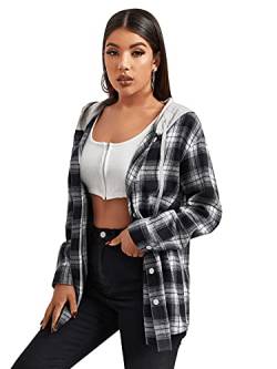 DIDK Damen Kariertes Hemd Blusen mit Kapuze Karo Muster Overshirt Plaid Boyfriend Hemdbluse Karohemd Button-down Langarm Blusenshirt Schwarz und Weiss L von DIDK