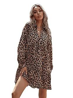 DIDK Damen Kleid mit Leopard Muster Langarm Blusekleid Locker Minikleid Herbstkleid Freizeitkleid Khaki L von DIDK