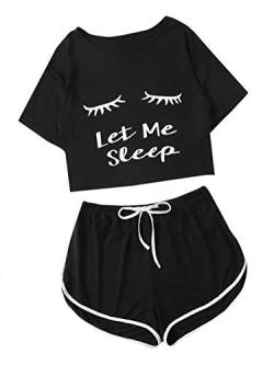 DIDK Damen Kurz Schlafanzug Pyjama Set Cartoonmuster Top und Short Zweiteilig Sleepwear Sommer Hausanzug Schwarz #418 XS von DIDK