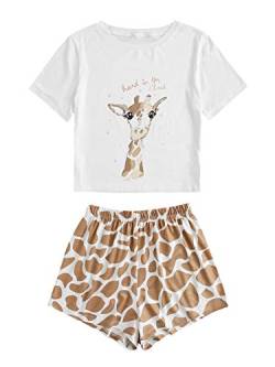 DIDK Damen Kurz Schlafanzug Pyjama Set Cartoonmuster Top und Short Zweiteilig Sleepwear Sommer Hausanzug Weiß mit Giraffemuster L von DIDK
