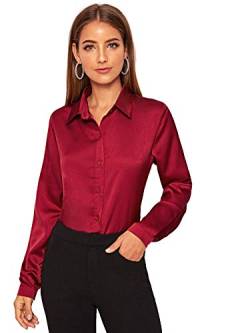 DIDK Damen Langarm Bluse Satin Oberteil Tunika Büro Shirts Elegant Tops Knopfleiste Hemd Oberteile Hemdbluse Einfarbig Stehkragen Bordeaux L von DIDK