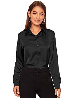 DIDK Damen Langarm Bluse Satin Oberteil Tunika Büro Shirts Elegant Tops Knopfleiste Hemd Oberteile Hemdbluse Einfarbig Stehkragen Schwarz S von DIDK