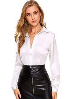 DIDK Damen Langarm Bluse Satin Oberteil Tunika Büro Shirts Elegant Tops Knopfleiste Hemd Oberteile Hemdbluse Einfarbig Stehkragen Weiß M von DIDK