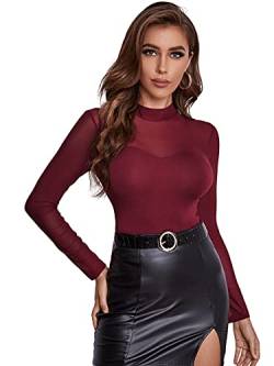 DIDK Damen Mesh Langarmshirt Stehkragen Einfarbig Elegant Shirt Oberteile Durchsichtiges Netz Langarm T-Shirt Casual Kastanienbraun S von DIDK