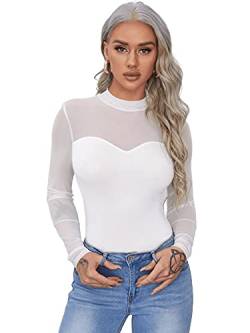 DIDK Damen Mesh Langarmshirt Stehkragen Einfarbig Elegant Shirt Oberteile Durchsichtiges Netz Langarm T-Shirt Casual Weiss A S von DIDK