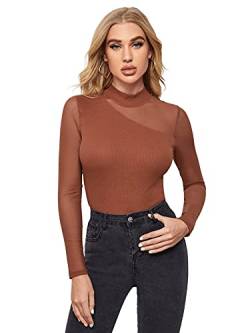 DIDK Damen Mesh Langarmshirt Stehkragen Elegant Shirt Oberteile Durchsichtiges Netz Langarm T-Shirt Casual Top Braun XL von DIDK