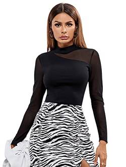 DIDK Damen Mesh Langarmshirt Stehkragen Elegant Shirt Oberteile Durchsichtiges Netz Langarm T-Shirt Casual Top Schwarz M von DIDK