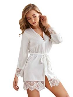 DIDK Damen Morgenmantel Bademantel Satin Sexy Kimono Kurz Robe mit Gürtel Nachthemd für Braut Nachtwäsche mit Blumenspitze Weiß L von DIDK