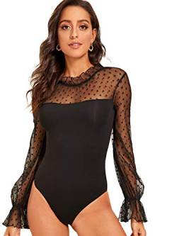 DIDK Damen Netz Bodysuit Stehkragen Langarm Body mit Rüschen Elegant Bodys Shirts Langarm Top Schwarz M von DIDK