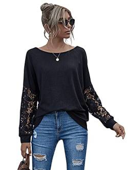 DIDK Damen Pullover mit Spitzenarm Casual Oberteile Langarmshirt Sweatshirt Pulli Spitzentops Shirts Basic Schwarz L von DIDK