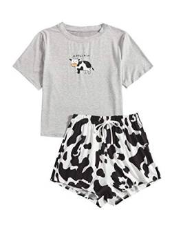DIDK Damen Pyjama Set Avocad Top und Polka Dot Short Hose Zweiteiliger Schlafanzug Grau Kuh XS von DIDK