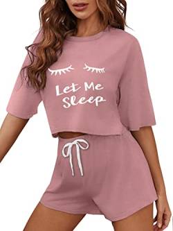 DIDK Damen Pyjama Set Drop Shoulder Kurzarmshirt und Shorts Zweiteile Schlafanzug Set Sommer Sleepwear Hausanzug Sets mit Buchstaben Einfarbig-Graurosa L von DIDK