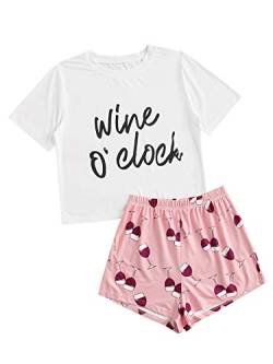 DIDK Damen Pyjama Set Top und Short Zweiteilig Sleepwear Schlafanzug Sets Weiss-Rosa L von DIDK