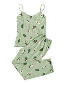 DIDK Damen Pyjama Sets Vielfarbig Spaghettiträger Shirt Hosensets Schlafanzüge mit Wellensaum Cami PJ Set Träger Oberteil Sleepwear Avocado-Grün M von DIDK