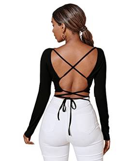 DIDK Damen Rückenfrei Bauchfrei T-Shirts Crop Oberteil Criss-Cross Langarmshirts Rundhals Pullover Schwarz XS von DIDK