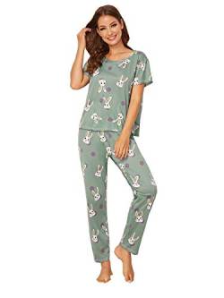 DIDK Damen Schlafanzug Set Pyjama Set Langarm Shirt und Lang Schlafanzughose Sleepwear Zweiteilig Loungewear Grün mit Hasemuster L von DIDK